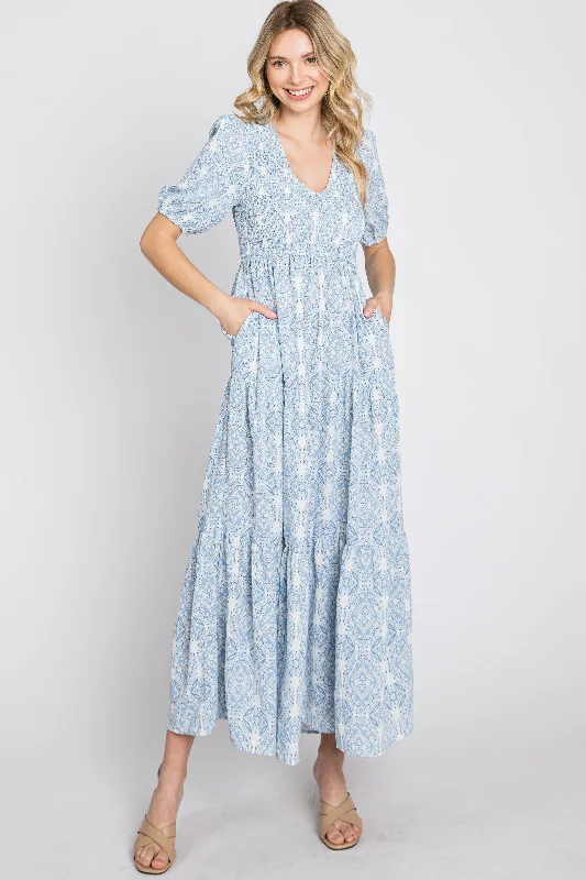 Blue Paisley Print Smocked Tiered Maxi Dress