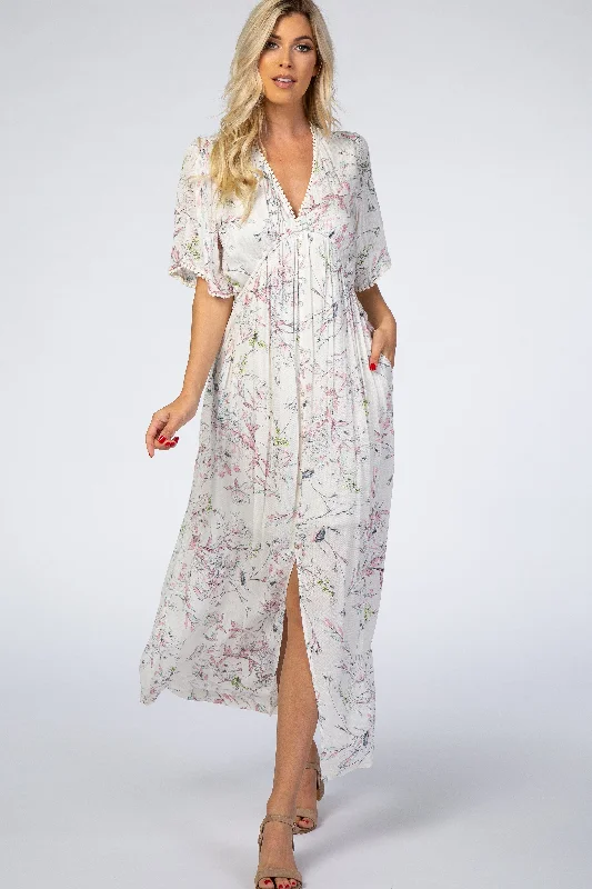 Ivory Floral Button Front Maxi Dress