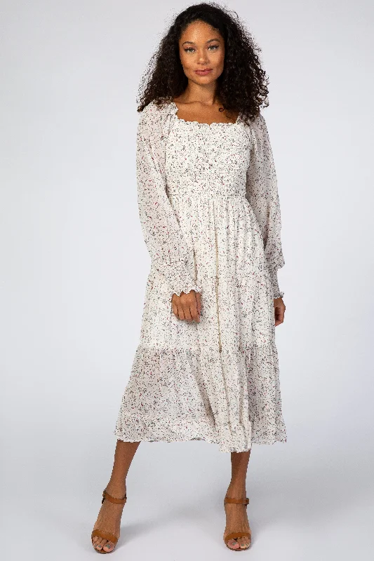 Ivory Floral Smocked Front Ruffle Hem Midi Dress