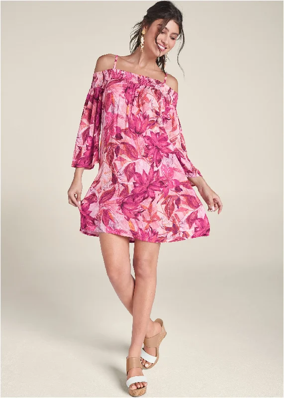 Floral cold-shoulder dress - Pink Multi