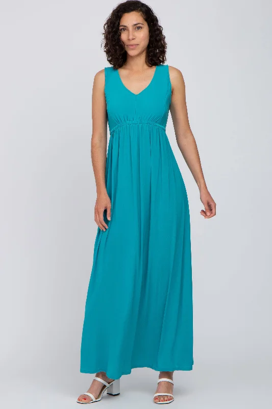 Turquoise V-Neck Sleeveless Maxi Dress