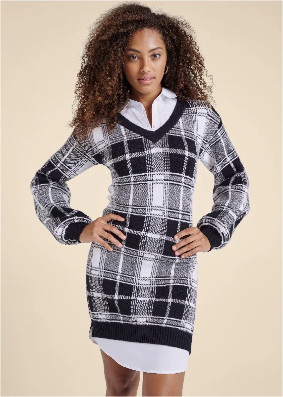 Plaid layered sweater dress - White & Black