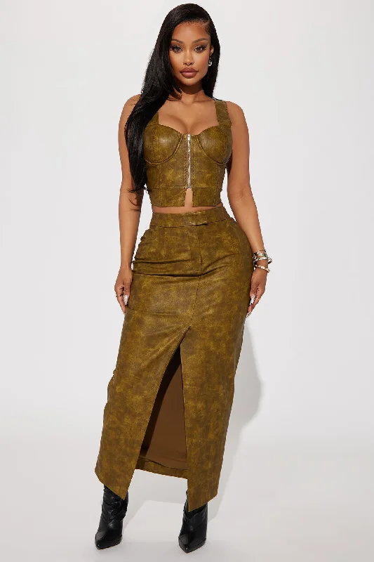 Carry It Well Washed Faux Leather Maxi Skirt - Olive