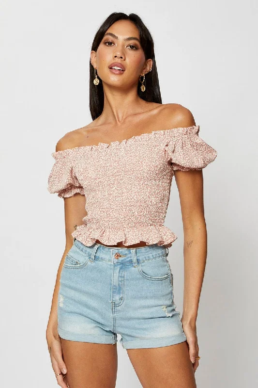 Geo Print Crop Top Short Sleeve Off Shoulder