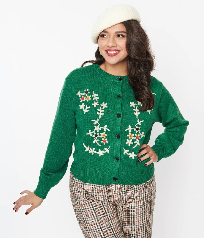 Green & Multicolor Button Floral Holiday Cardigan