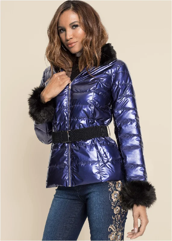 Faux-fur trim puffer jacket - Blue