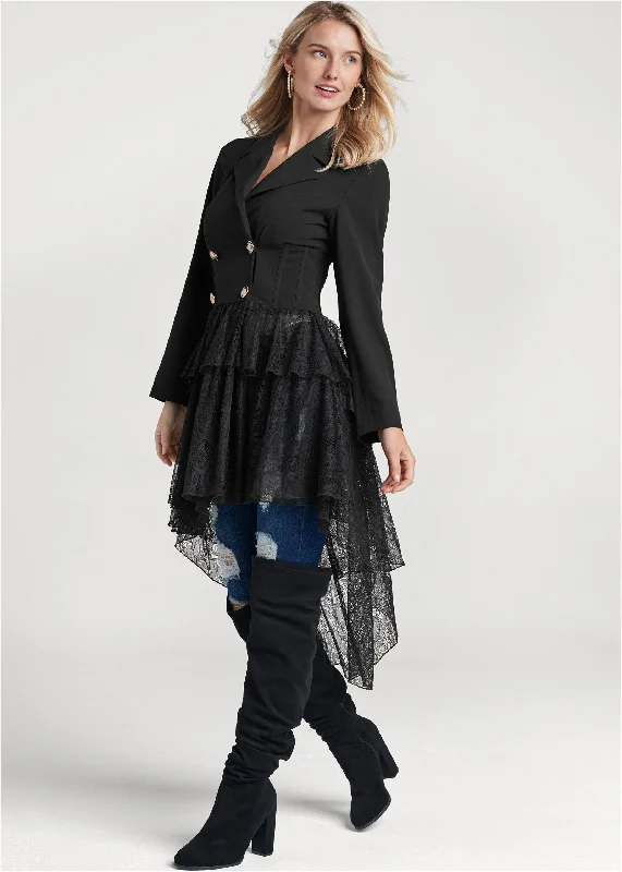 Ponte jacket with asymmetrical lace trim - Black